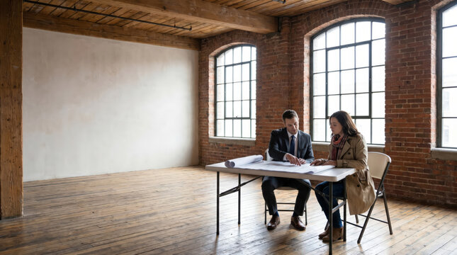 Business consultants reviewing architectural plans at table inside brick loft office pointing to drawings for renovation project property planning teamwork professional advice open studio workspace