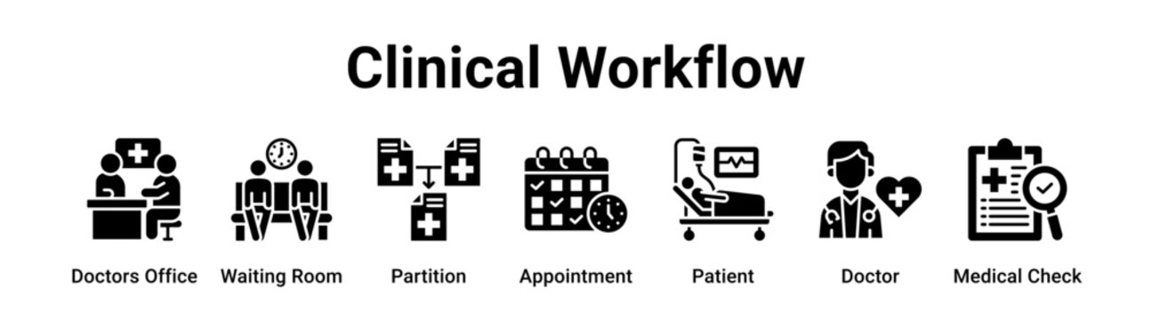 Clinical Workflow web banner icon vector illustration concept for medical with icon of Doctors Office, Waiting Room, Partition, Appointment, Patient, Doctor.