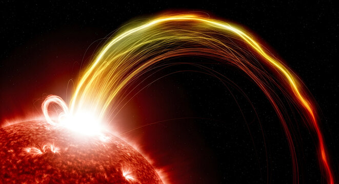 Blazing solar flare erupts from sun's surface, creating stunning plasma arc against starry black sky