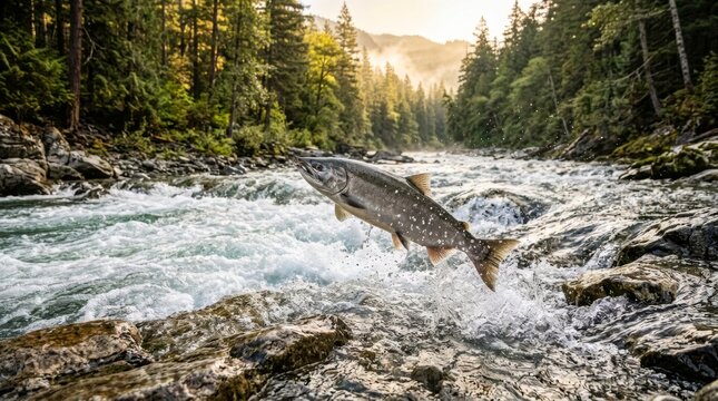 Wild silver salmon leaping upstream through rushing mountain river water