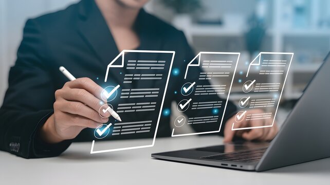 Professional efficiently managing digital documents and online forms with a stylus, showcasing modern technological solutions for business verification and task completion