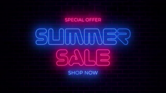 Neon Summer Sale Animation Special Offer Promo Glowing Sign Background