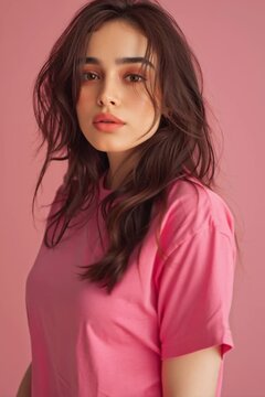 Stylish women in pink tshirt showcasing natural beauty and makeup for beand promotion