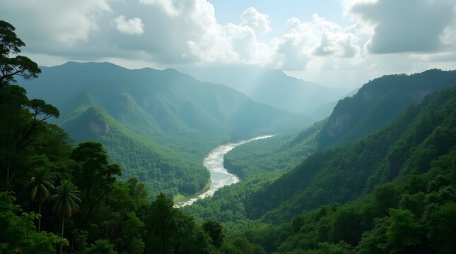 Scenic view of deep green valley with sunbeams