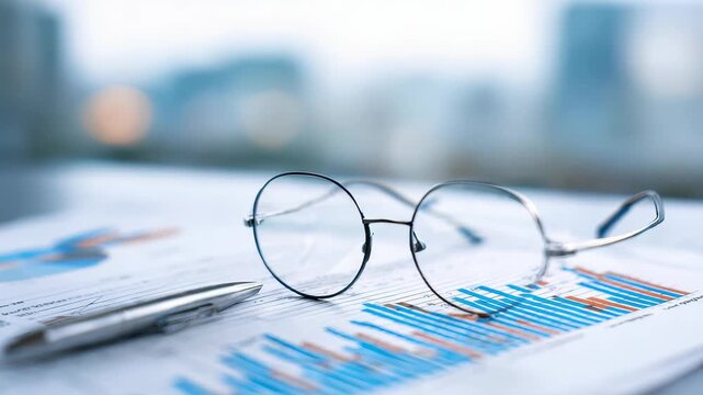 Close up of eyeglasses and pen resting on financial charts with blue bar graphs, symbolizing business analysis and data driven decision making. Modern office background is blurred