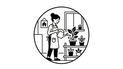 Naklejka premium Woman tending to houseplants indoors carefully.