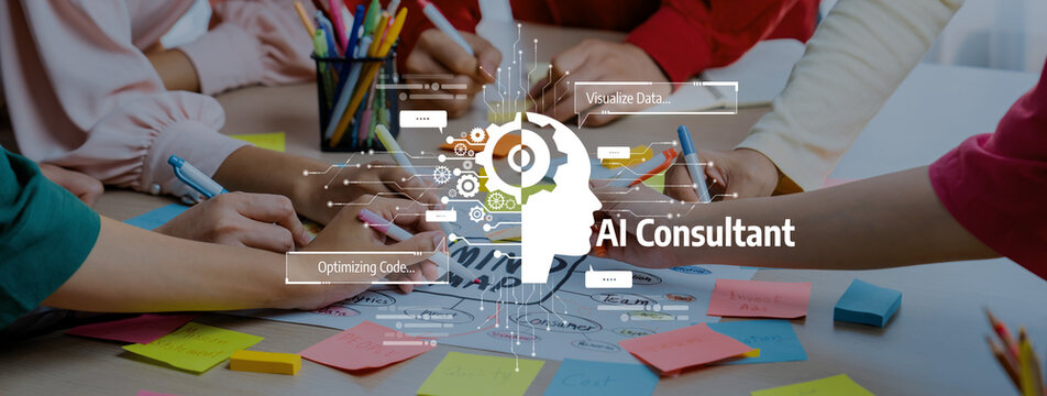 A dynamic scene showcasing teamwork in an AI consultancy, focusing on data visualization and optimization strategies within a creative workspace. Colorful notes and tools enhance collaboration. Trope