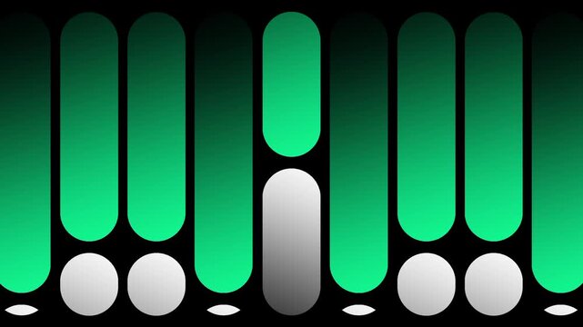 Tall green and white rounded bar shapes glow softly against a dark background in a smooth animated sound equalizer display