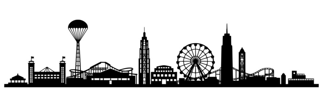 Coney Island Skyline Silhouette, Brooklyn New York Landmark, Wonder Wheel and Parachute Jump Vector Illustration