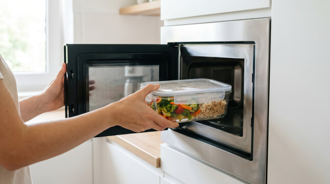 Hands placing covered glass meal prep container with rice vegetables into microwave oven bright kitchen leftovers storage convenient reheating healthy lunch concept busy weekday routine