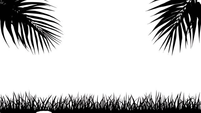 Tropical Silhouette Border: A graphic silhouette design features lush palm fronds framing the top and a band of detailed grass at the bottom.