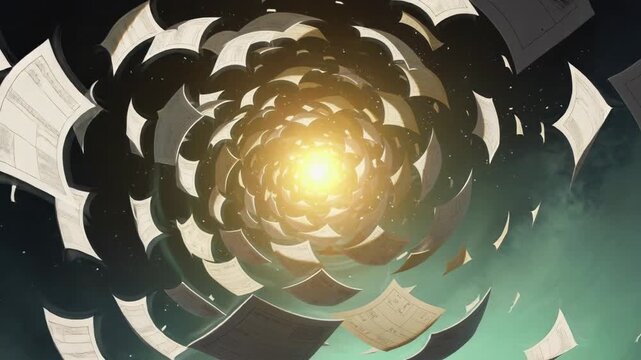 Spiral vortex of flying documents swirling in the sky with mystical glowing light in the center