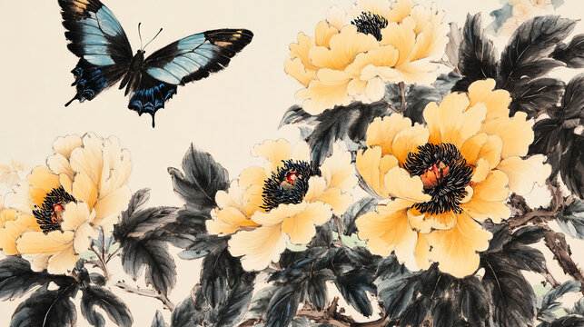 Traditional Chinese ink wash painting circular format black butterfly with blue accents flying above cluster vibrant yellow peonies dark reddish brown centers arranged on dark gray brown branches vary