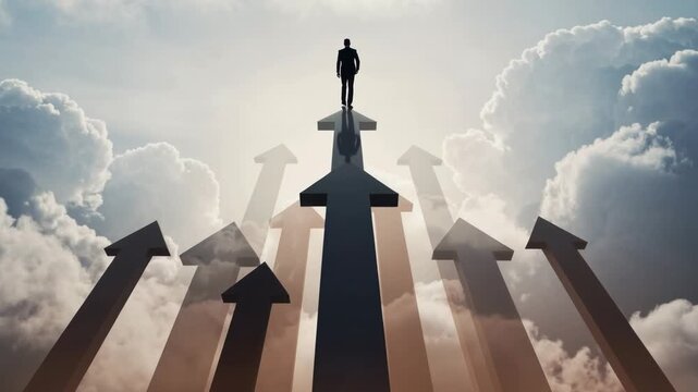 Businessman walking on arrow path symbolizing success leadership and growth against cloudy sky background