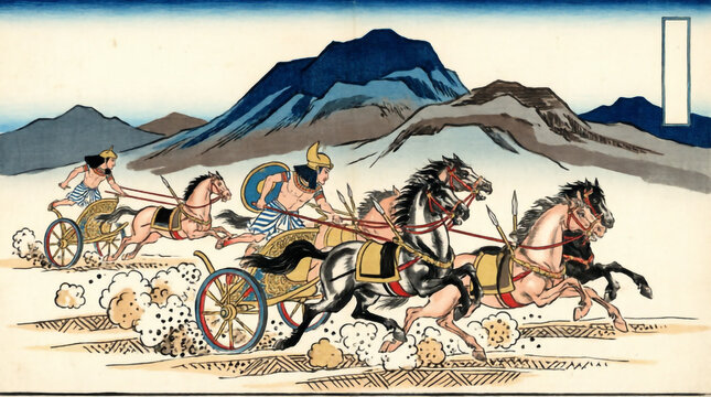 Pharaoh commands golden chariot charging through the smoke-filled Battle of Megiddo.