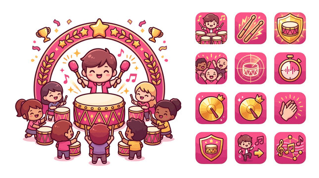 Flat vector illustration of a cute chibi boy leading a diverse group of children in a drum circle performance under a star arch, including 12 mobile game icons for music and rhythm.