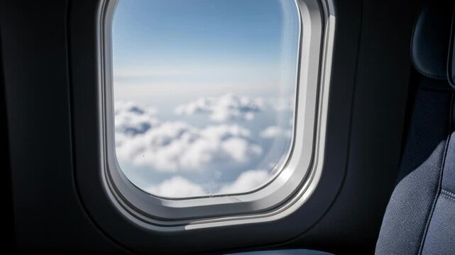View of clouds and blue sky through airplane window with airplane seat in interior cabin