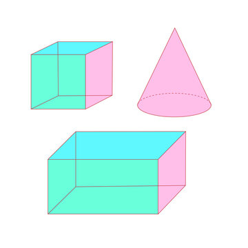 Colorful geometric solid shapes vector featuring cube, cuboid, and cone illustrations, perfect for educational materials, math lessons, school posters, and geometry designs.
