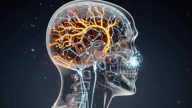 Futuristic digital human brain with glowing neural network and transparent skull anatomy visualization