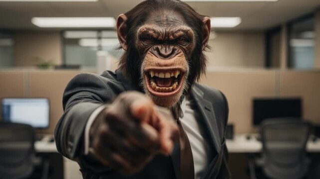 Businessman with a realistic chimpanzee mask pointing aggressively in a modern office environment
