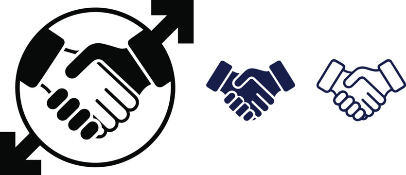 Handshake icon set with circular frame and arrows flat vector illustration