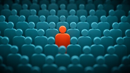 Obraz premium Unique Individual Standing Out in a Crowd Concept Showing Leadership Diversity and Different Thinking with Red Figure Among Blue People Background