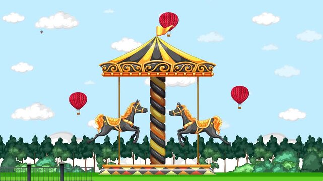 Animated Carousel with Horses and Hot Air Balloons in Park