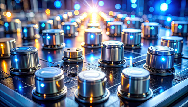 Close-up of a futuristic control panel with illuminated metallic knobs and glowing blue lights, symbolizing advanced technology and data processing.