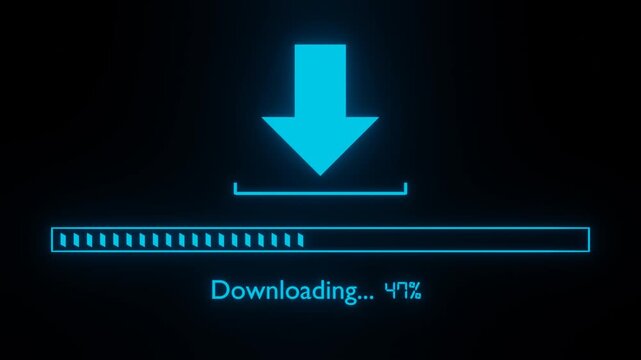 Downloading arrow animation with cyan neon glowing progress bar and percentage text on dark background