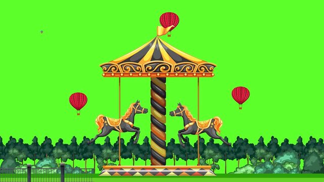 Animated Carousel with Horses and Hot Air Balloons on Green Screen