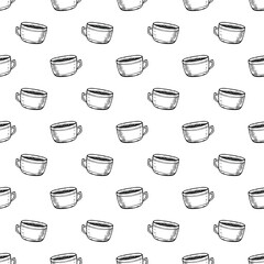 Obraz premium Seamless pattern with hand drawn cute cup of tea or coffee Simple mug Cozy home For decorative print, wrapping paper, fabric, packaging, background