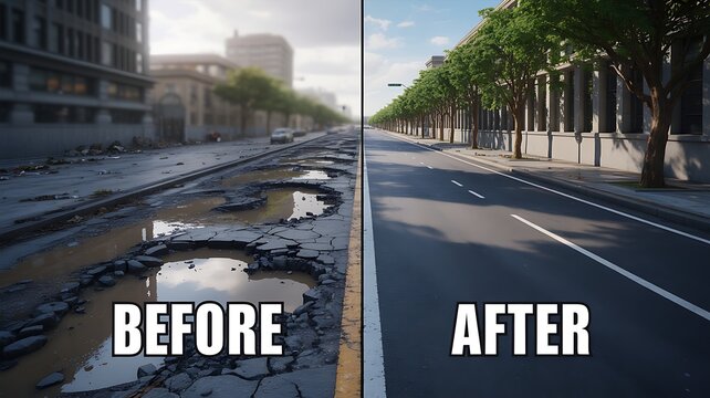 Before and after improvement of a damaged urban road with potholes to a new smooth surface, pavement
