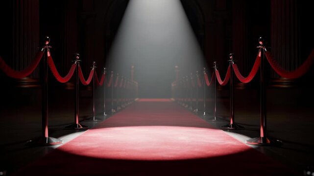 Luxurious red carpet entrance with spotlight and velvet ropes in elegant venue for special events