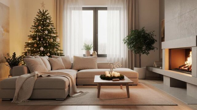 Cozy modern living room with decorated Christmas tree fireplace and soft neutral sofa in warm holiday home