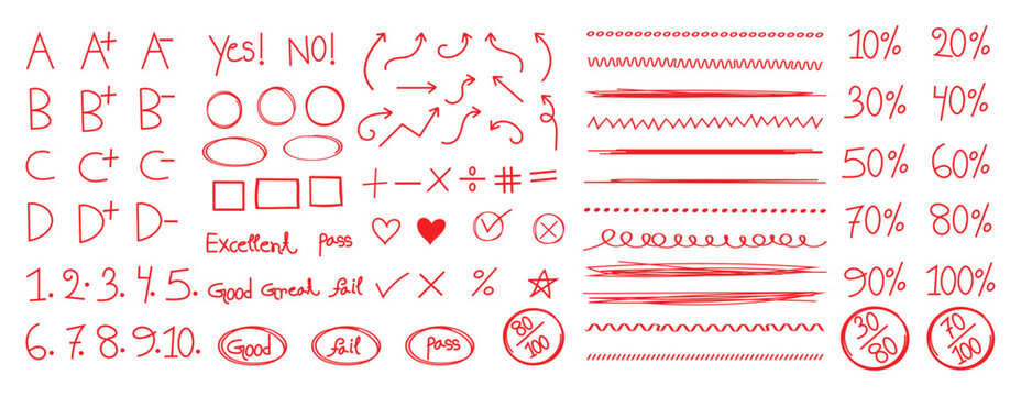 Grade mark. Red pen grade marks and test symbols. Hand drawn red pen marks showing exam grade with check marks, circles, and plus signs for teacher evaluation and test result school education. 