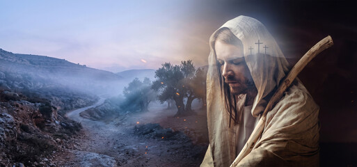 Fototapeta premium jesus praying garden, gethsemane spiritual scene, faith worship devotion, holy light grace, prayer religious background, christian sacrifice trust, divine peace solitude jesus, praying, garden, gethse