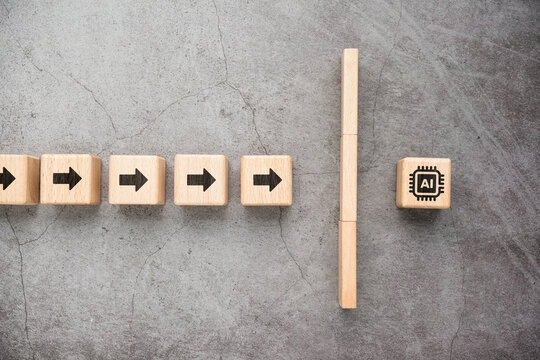 Arrow blocks facing a barrier before reaching AI symbol, representing obstacles to AI adoption, resistance to change, implementation challenges, and limited AI access