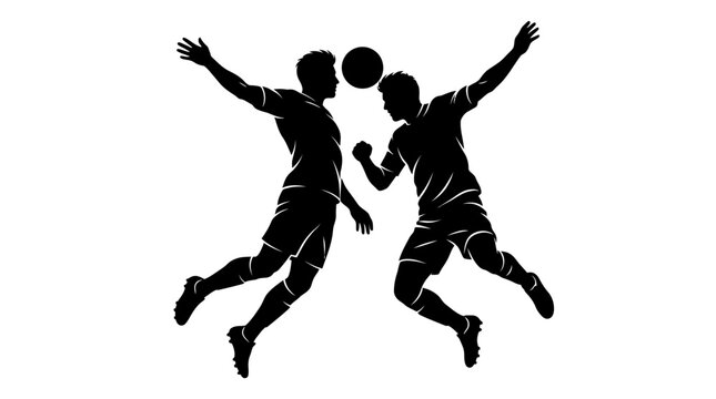 Two male athletes in dynamic motion jumping up to headbutt a soccer ball in mid-air in black silhouette on white background in a minimalist sports graphic design
