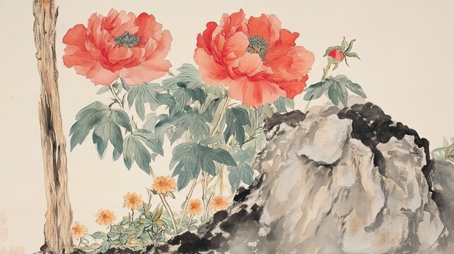 Traditional Chinese watercolor tall slender two red peonies dark green leaves brown stems vertical trunks left large rock right lower half grass with small flowers light wash scroll mimic