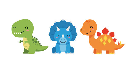 Cute Cartoon Dinosaurs - Baby T-Rex, Triceratops, Stegosaurus - White Background © Roni