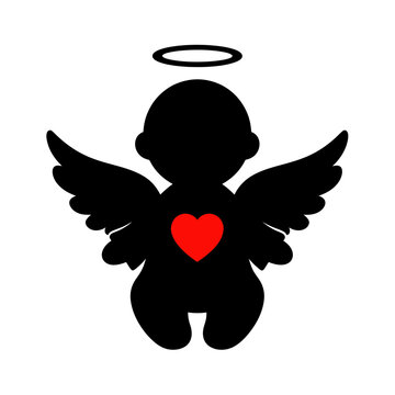 Black Angel Silhouette with Red Heart and Halo