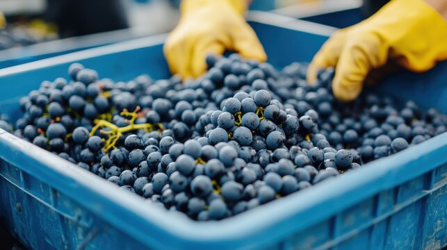 Freshly harvested grapes being sorted by a worker wearing yellow gloves in a blue plastic crate.