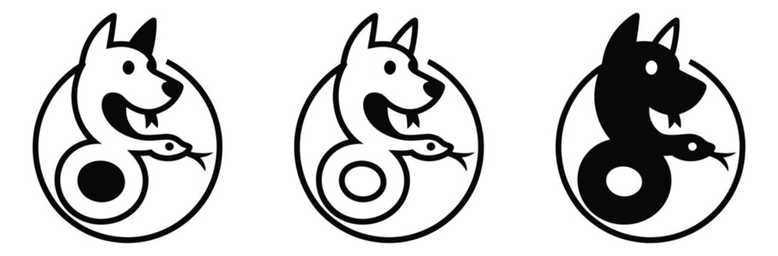 Set of three dog head icons in circular frames with yin yang symbol tail, Black and white, For design and branding purposes