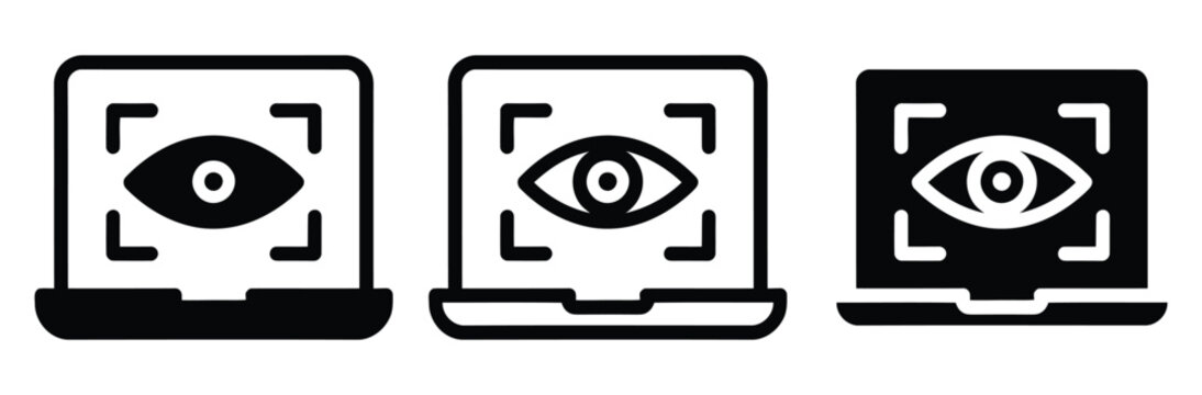 Eye on laptop screen icon set for surveillance and monitoring concepts on white background