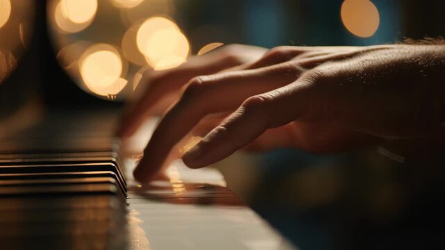 Hands musician playing piano keys with warm light in a concert setting  
