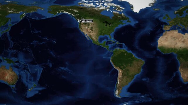 Animated Flight Route Map from Vancouver Canada to Auckland New Zealand