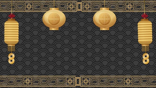 Traditional Chinese Background with Golden Lanterns and Moving Clouds