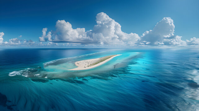 Aerial view of a remote tropical sandbar island surrounded by turquoise coral reef and deep blue ocean