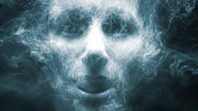 Ethereal ghostly face emerging from swirling mist on dark background  