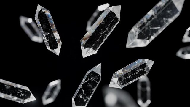 Clear quartz crystal points floating on dark background with detailed texture and reflections